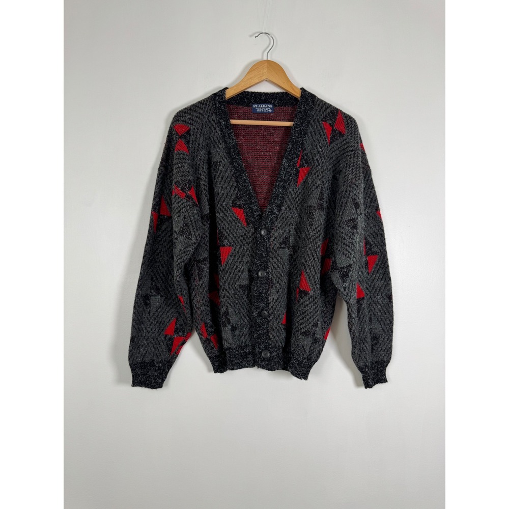 Retro St. Albans Mens XL Cardigan Sweater Grey Red Geometric Made in USA Grunge